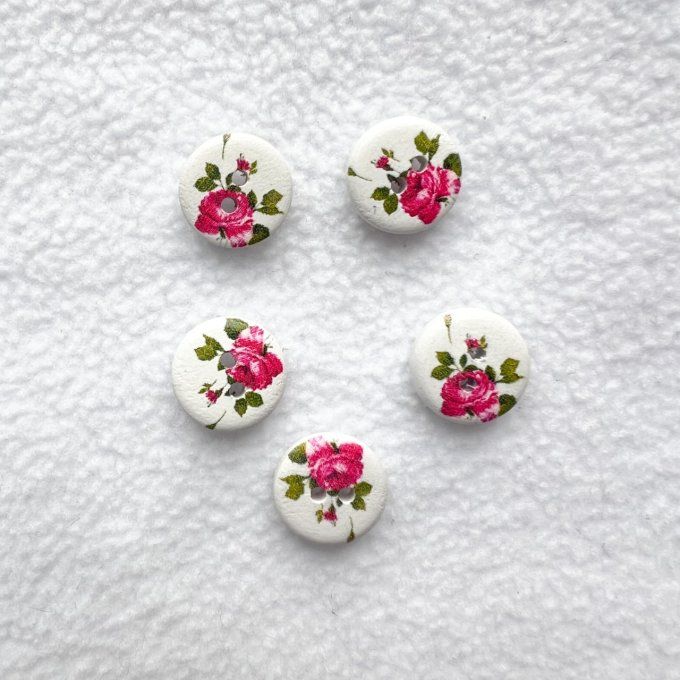 Bouton bois à coudre fleur rose - Lot de 5