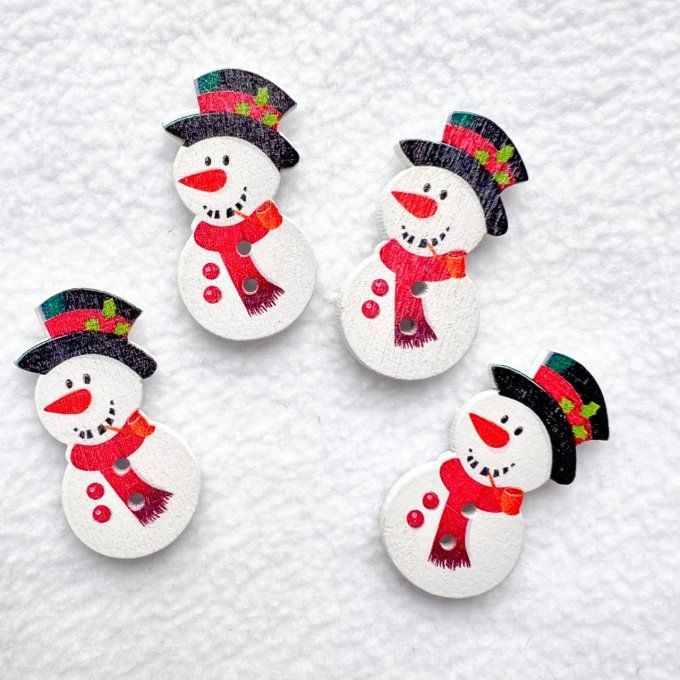 Bouton bois à coudre bonhomme neige - Lot de 4