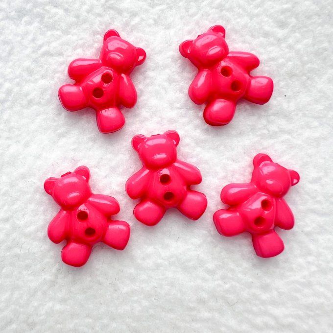 Bouton ourson résine à coudre- Lot de 5 - Rose fuschia