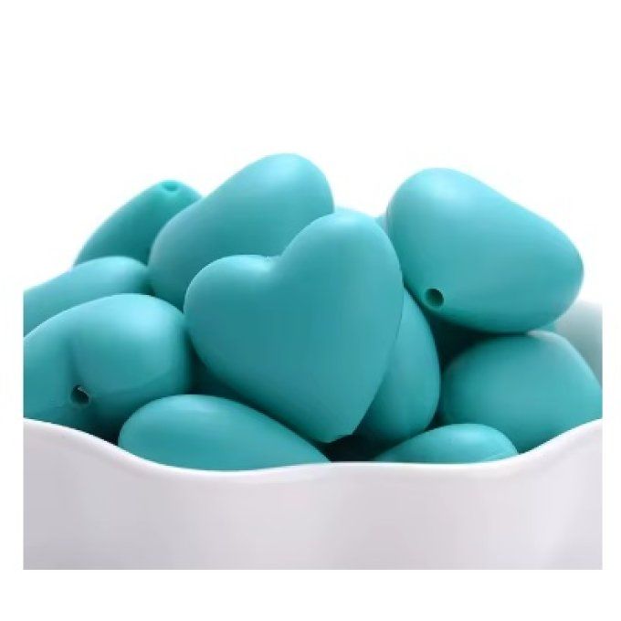 Perle silicone coeur 20 mm - Turquoise