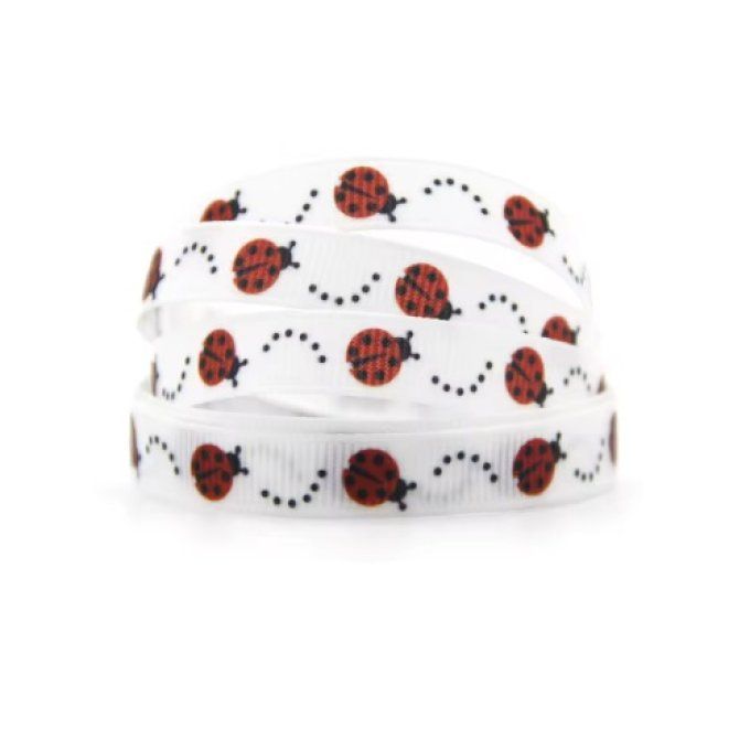 Ruban blanc gros grain 10 mm - Coccinelles rouges