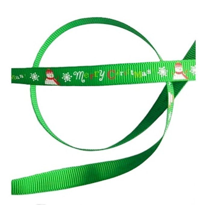 Ruban gros grain 10 mm - Noël vert "Merry Christmas" bonhomme de neige