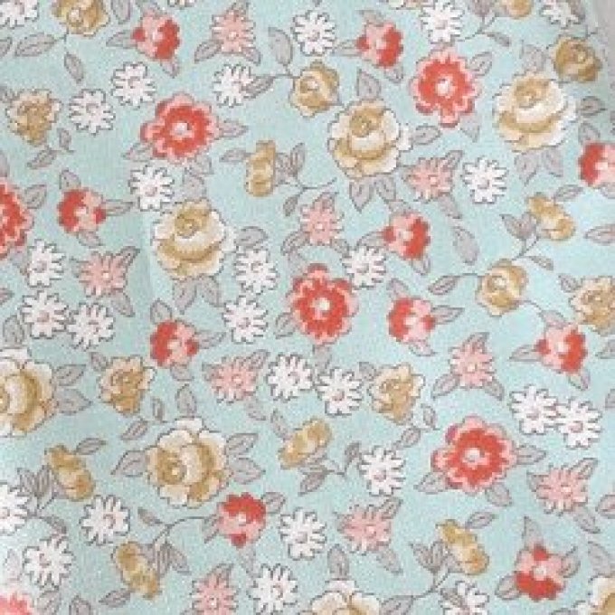 Tissu coton - Fleurs rose bleu style liberty