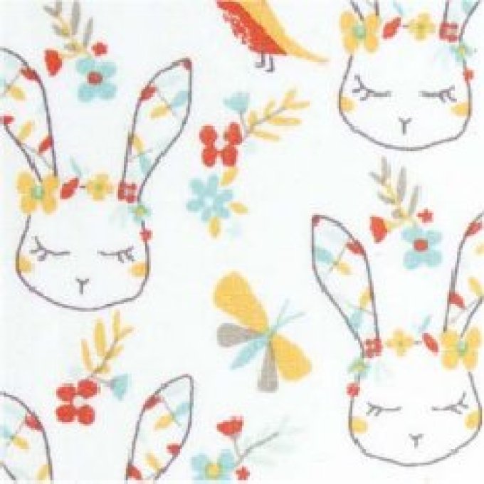 Tissu coton - Lapin oiseau