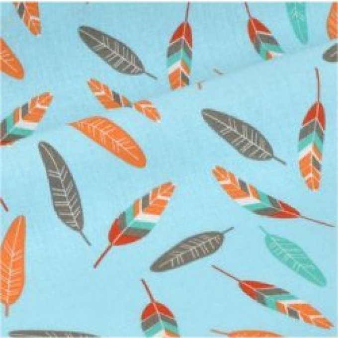 Tissu coton - Plumes bleu orange