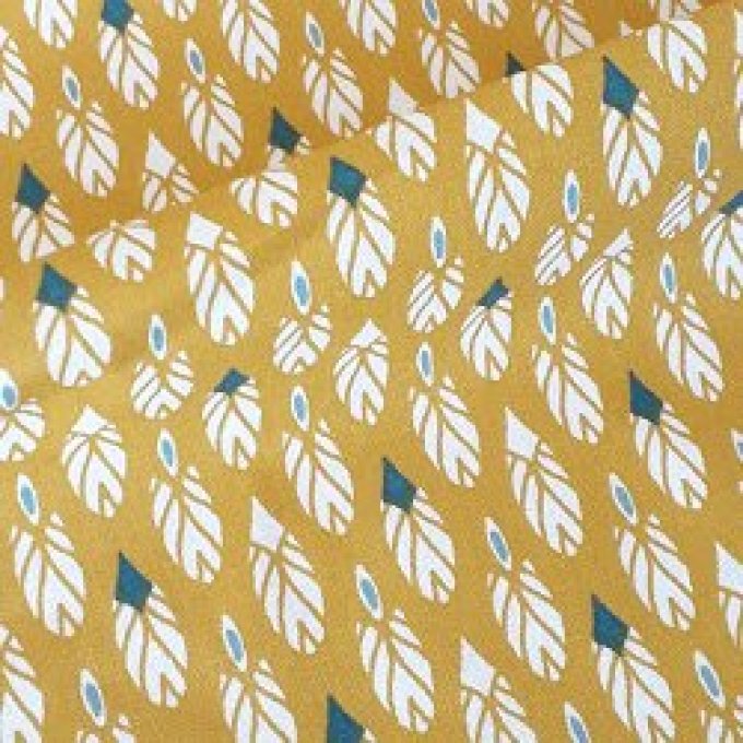 Tissu coton - Plumes jaune turquoise